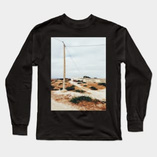 Bird Sitting on Telephone Pole in Dry North African Countryside Long Sleeve T-Shirt